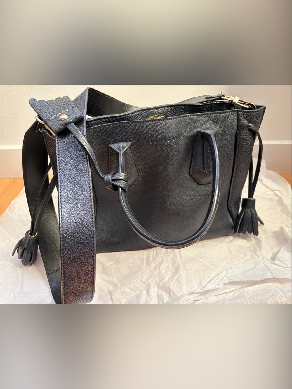 Longchamp Blue Leather HandBag with Tassel